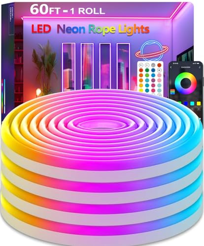 httpsmp 18m Neon Rope Light, Flexible Led Lights Control with App/Remote, Multiple Modes, IP65 Outdoor Waterproof, Music Sync Light Strip for Bedroom