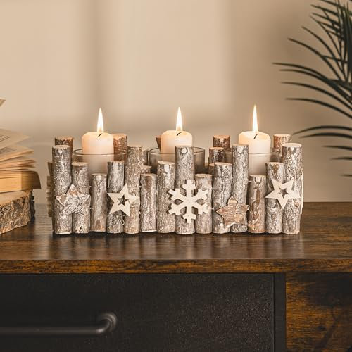 Marco Paul Festive Wooden Candles Holder for Tealights - Includes Triple Glass for Candles for Home Xmas Table Decorations Centrepiece - Christmas Candle Holders for Mantlepiece Living Rooms