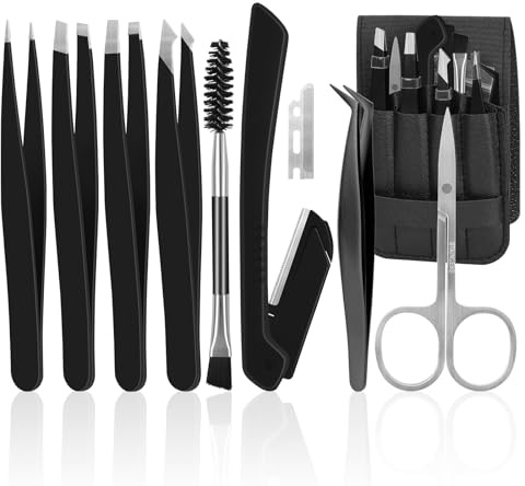 BELICOO Pinzetten für Gesichtshaare Damen und Herren, 11-teiliges Präzisionspinzetten-Set aus Edelstahl mit Etui, Schere, Rasierer für eingewachsene Haarentfernung, Wimpernverlängerung