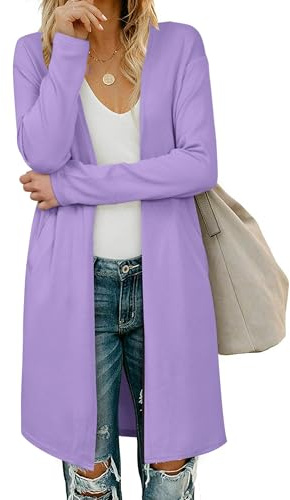 OUGES Women's Open Front Summer Cardigan Sweaters with Pockets Long Sleeve Lightweight Cardigan(Purple,S)