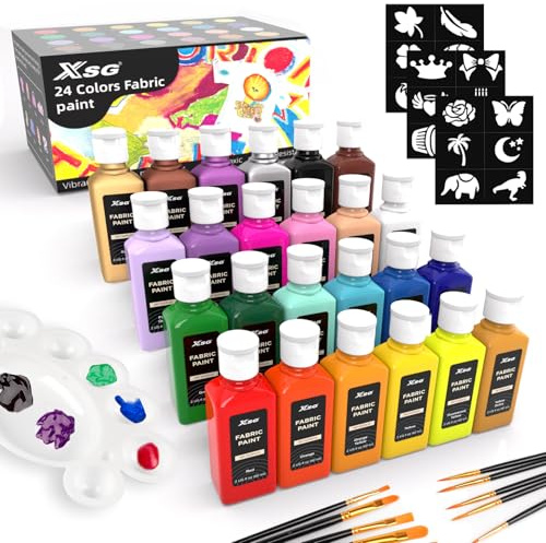 24 colores de pintura textil en frasco (60 ml) pinceles, paleta, plantillas pinturas textiles no tóxicas para camiseta, zapatos, bolso, vaqueros