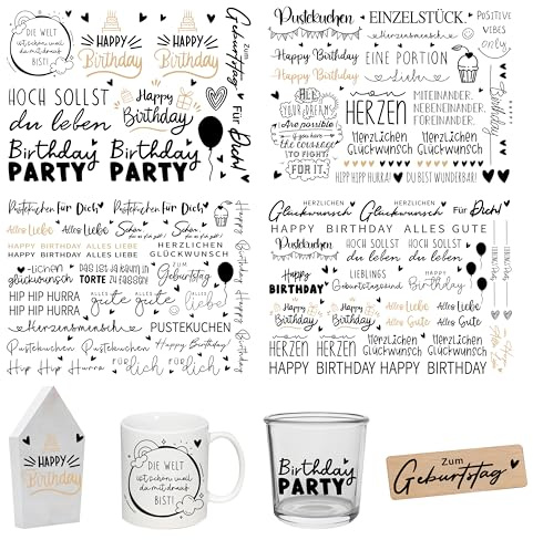 FloraVigo Rub On Sticker ca.A5 19x14cm-Spruch Deko zum Geburtstag, Keraflott, Hochzeit, Zuhause, Wischfolie für Möbel, Glas, Holz, Fotoalbum, DIY Deko, Aufkleberästhetik(4PCS) (Geburtstag Pustekuchen)