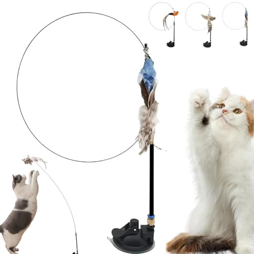 Donubiiu Fell-Wunder Vogelwirbel,Wundervogel Katzenspielzeug,Intelligentes Katzenspielzeug Mit Federn,Atzenspielzeug Kegel Mit Feder,Katzenangel Saugnapf (D)