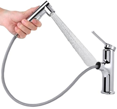 Pull Out Kitchen Sink Mixer Tap with Sprayer, 30-60cm Flexible Hose, Brass Body & Ceramic Valve for Hot and Cold Water, Modern Bathroom Basin Faucet