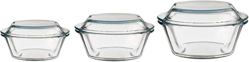 Hyper Mart Borosilicate Glass Casserole Set, Round Dishes with Lids, 0.5L, 1.0L, 1.5L, Oven & Microwave Safe (Set of 0.5Ltr+1.0Ltr+1.5Ltr)