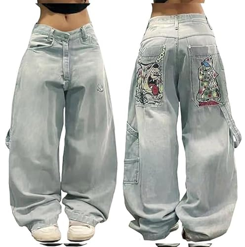 VaiKanhai Baggy Jeans da donna e uomo, Goth Street Jeans con stampa a vita alta, in denim largo, da donna, colore nero