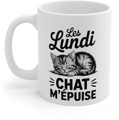 Teecustom Mug Humour Chat – Les Lundi Chat m’Épuise – Tasse Amusante avec Chaton Fatigué – Cadeau Original Amoureux des Chats et du Café