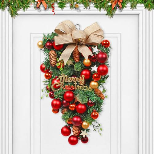 Skeadex Türkranz Weihnachten,Weihnachtskranz Haustür Weihnachtsdeko Türkranz mit Weihnachtskugel Schleife Weihnachtstürkranz Weihnachtskranz Türschmuck Weihnachten für Weihnachtsdeko Tür Fenster (C)