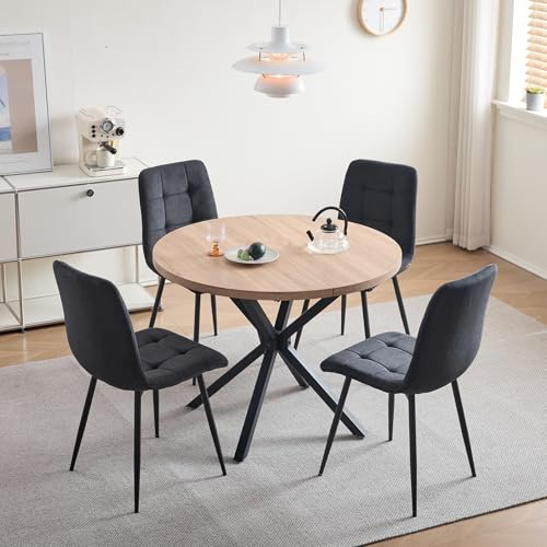 HJhomeheart Esstisch- und Stuhlset, 4 Cord mit Hoher Rückenlehne und EIN 100 cm Langer Moderner Runder Esstisch, Geeignet für Küchen, Esszimmer und Wohnzimmer (Hell + Schwarz)