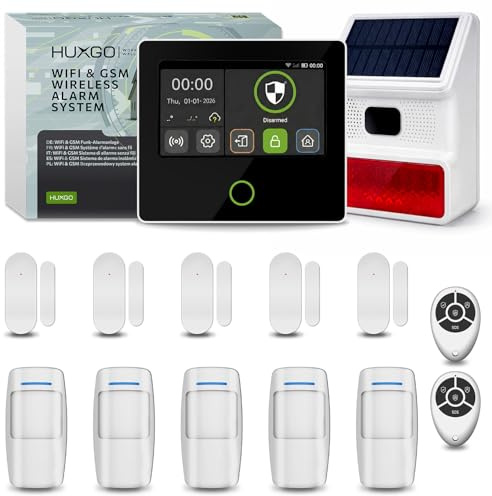 HUXGO® Alarmanlage Funk Set WLAN + GSM 4G | Alarm Kit mit Funk Solar Alarmirene 5X PIR-Sensoren, 5X Tür- & Fenstersensoren | DIY-Montage, ideal für Haus, Wohnmobil, Garage | Modell HXA502