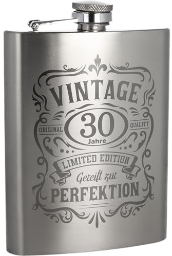 Edelstahl Flachmann mit Lasergravur – 236 ml (8 oz) – personalisierbares Design – auslaufsicher – Geschenk für Männer, Geburtstag, Jubiläum (30 Jahre)