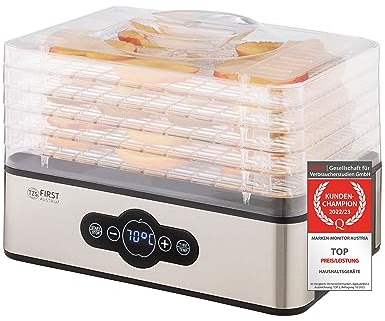 TZS First Austria Dörrautomat | Dörrgerät für Obst, Kräuter, Pilze & Fleisch | digital mit Timer & Temperaturregler 35-70°C | 5 Etagen, Einlageböden BPA frei, Dörrapparat mit Zeitschaltuhr