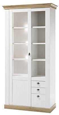 Vitrinenelement Côte d’Azur, Pinie weiß/Wotan Eiche NB, 102 x 204 x 44 cm, Schrank, Wohnzimmer, Vitrinenschrank, Schrankvitrine Ausführung mit Beleuchtung