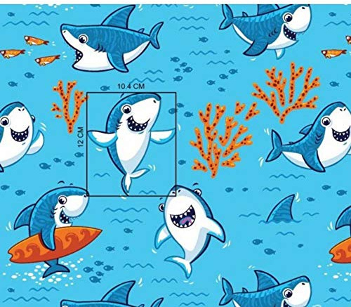 Pingianer 100 x 160 cm fisk val, 100 % bomull, bomullstyg, barn, metervara, hantverk, sömnad, tyg (haj, surfbräda, turkos, 100 x 160 cm (11,99 €/m))