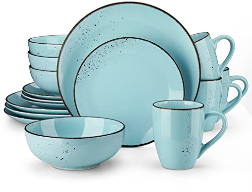 vancasso Tafelservice Set Steingut, Navia 16 TLG Geschirrset, Vintage Aussehen, hell blau