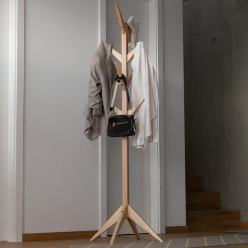 Staboos Massivholz Kleiderständer Stabil, Buche Garderobenständer, Natur | Mittelstab am Stück, Bio-Öl, ohne Bohren, Kleiderständer Baum-Form für Flur, Standgarderobe mit Ästen, Jackenständer