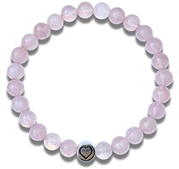 Rosenquarz Armband echt mit Perlen 6mm Herz DQ Metall Silber Gold oder Roségold - Handmade Perlenarmband für Liebe Romantik Freundschaft - Spiritueller Schmuck Damen Herren Kinder