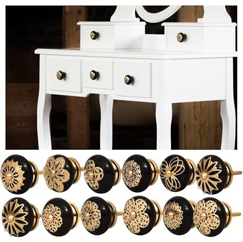 Knober 12er SET Möbelknopf Schwarz Keramik mit goldfarbenener Montur aus Messing