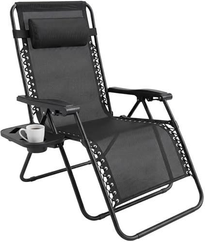 Vivo Technologies Folding Reclining Adjustable Zero Gravity Lounge Chair, Garden Chair Leisure Beach Chairs with Headrest Sun Loungers Powder-Coated Steel Frames, Black