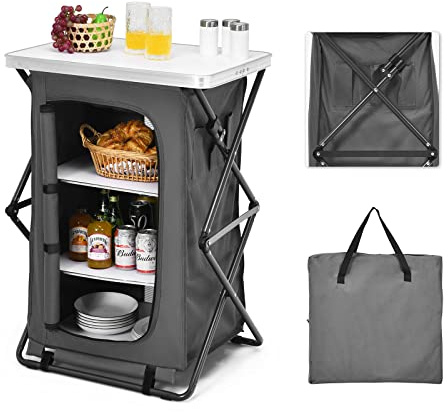 Goplus Fällbart campingförvaringsskåp, pop-up utomhus camping köksstation med stor 3-nivåers förvaringsorganisatör, bärväska, enkel att installera bärbart kompakt campingbord för grill picknick