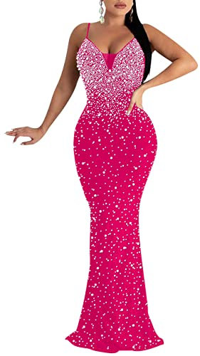 MAYFASEY Damen Sexy Elegant Strass Heißbohrprozess Bodycon Kleid Party Club Ausgehen Kleid Lange Abendkleider, 01# Rosy, Mittel
