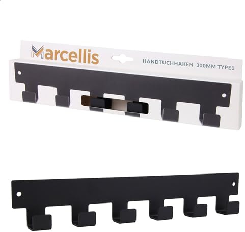 Marcellis Premium Garderobenhaken, Matt Schwarz, 6 Haken - Wandhakenleiste ideal als Handtuchhalter oder Hakenleiste - Hochwertige Verarbeitung und Befestigungsmaterial - 5,2x30x2,4 cm (HxWxD)