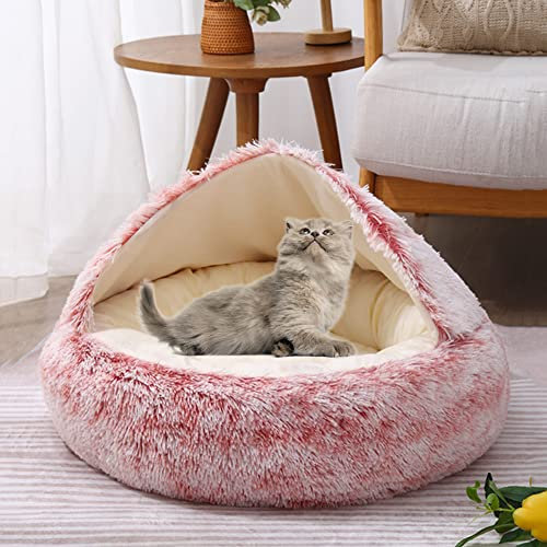 SEDOXX Haustierhöhle Bett Katzensofa Halbgeschlossen Katzenhaus Haustiernest für Kätzchen Welpen 2-in-1 Bett Katzenkissen Bett Indoor Katzen Schlafbett Plüschzelt gemütlich, Samt, 40 cm, Rosa