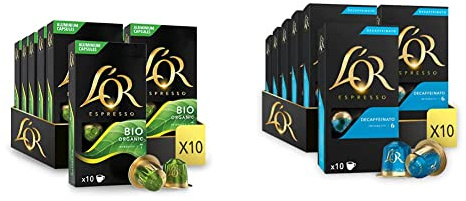 L'Or Espresso Café Bio - 100 Capsules Intensité 7 - compatibles Nespresso®* (lot de 10 x 10) & Espresso Café - 100 Capsules Decaffeinato Intensité 6 - compatibles Nespresso®* (lot de 10 x 10)