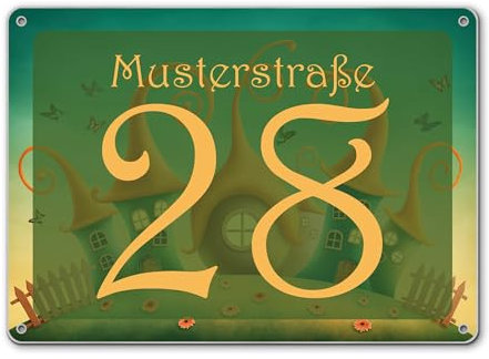 banjado® Hausnummernschild personalisierbar Motiv Zwergenhausen - Hausschild personalisiert Draußen mit Straßennamen möglich - Hausnummernschild Edelstahl versch. Motive - inkl. Montagematerial
