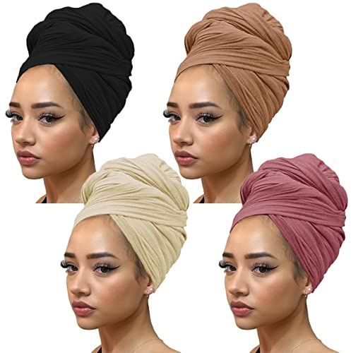 kachanaa 4 Pics Solid Color Stretch Knit Head Wrap Extra Long African Head Scarf Breathable Turbans for Women/Black, Camel, Dark Pink, Beige