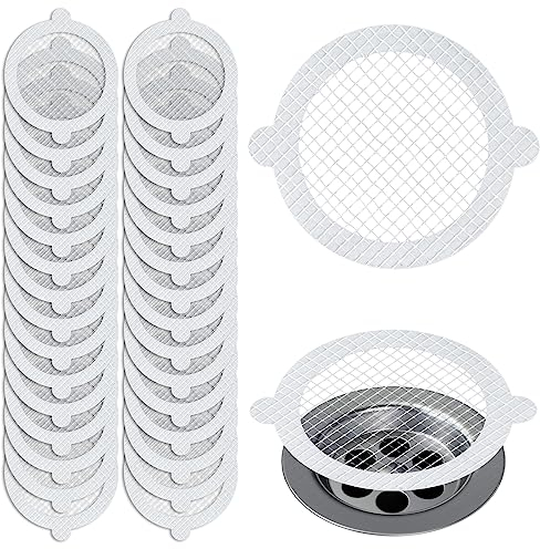 COMNICO 30 Pack Disposable Shower Drain Hair Catcher White Fibrous Flat Shower Drain Floor Covers Mesh Stickers for Bathing Kitchen Room Drain Sticker Drain Cover (Round)