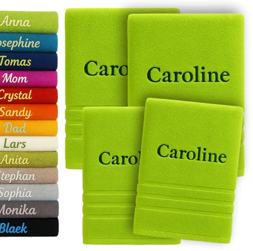 Pet-Jos 4er Pack Personalisiertes Handtuch und Badetuch mit Namen Schön gestickter Name Handbadetuch 100% Baumwollhandtuch 2X (50 x 100 cm) + 2X (140 x 70 cm)