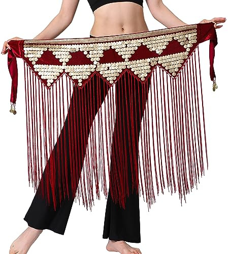 SEAUR Damen Bauchtanz Hüfttuch Pailletten Fransen Wickelgürtel Latein Tanz Glitzer Gürtel Rock Taille Rumba Chacha Quaste Tanzrock