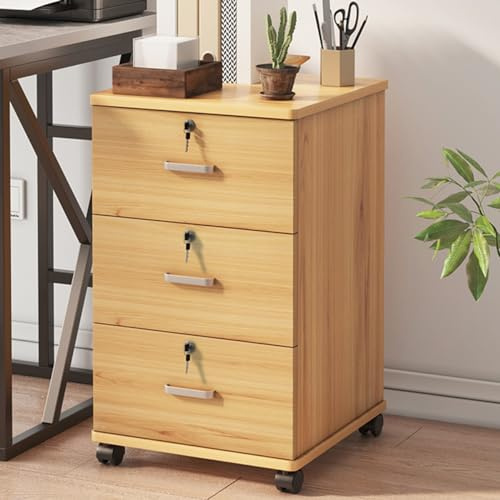 3-Schubladen Rollcontainer Holz Für Home Office, Vertikaler Aktenschrank Holz Mit Schloss, Rollender Aktenschrank Unter Dem Schreibtisch, Rollender Druckerständer Mit Rädern (Color : /Natural-65 cm)