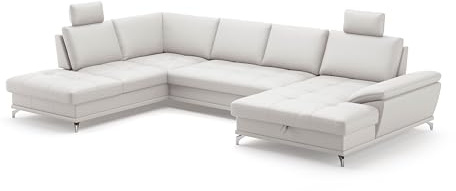 Cavadore Wohnlandschaft Castiel mit Federkern / Sofalandschaft mit großem Longchair, Sitztiefenverstellung, Kopfstützen und satinierten Metallfüßen / 363 x 89-104 x 223 / Echtleder, Weiß