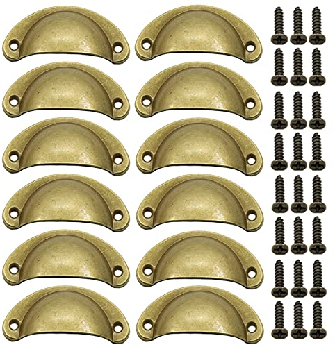 NALsa Retro Metall Küchenschubladenschrank Türgriff und Möbelknöpfe Handgeschirr Schrank Antik Messing Muschel Ziehgriffe 12St (Color : Yellow Bronze 12PCS)