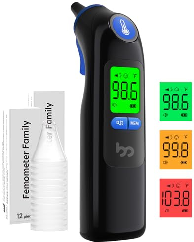 Femometer Family Ear Thermometer, Highly Accurate Ear Thermometer for Kids, Adults and Babies, 30 Memory Recall, 1s Result and 3-Color Fever Alert, with 24 Disposable Probe Covers, Blue