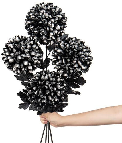 Hortensia Artificiel de 16 cm avec Tige de 63 cm, 4 Fleurs en Plastique Noir et Argent pour Décoration d'Halloween, Maison, Bureau et Fête