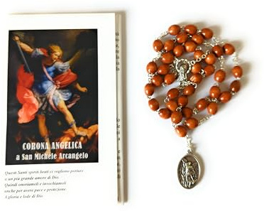 OVUNQUE PROTEGGIMI St. Michael Rosenkranz, Engelskrone des Erzengels Michael in Holz mit ovalen Körnern, mit Schutzengel und St. Michael Medaille, mit Gebet