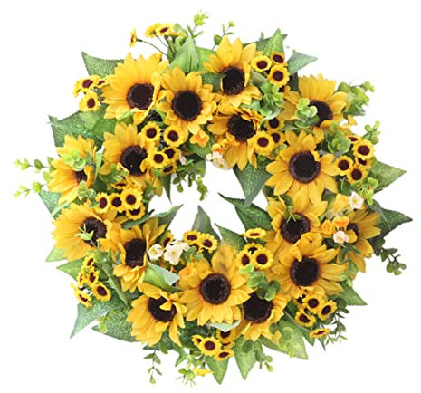 GOOHOCHY Künstliche Sonnenblumen Girlande Kranz Wanddekoration Simulation Blumen Türschmuck Grüne Note Für Haus Balkon