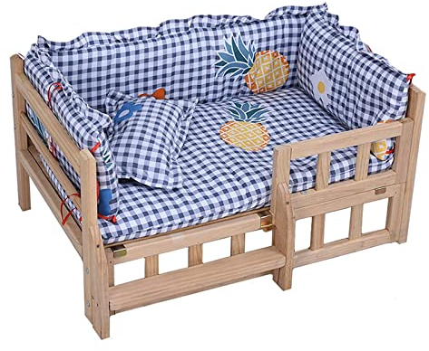 EFCQJZRZ Hundebett Erhöhtes Hundebett aus Holz mit Zaun und Treppe. Haustierbett mit Massivholzbrett und waschbarer weicher Mattenhütte für kleine Hunde und Katzen Hundehütte