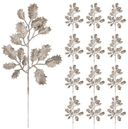 12 hojas de Navidad con purpurina, hojas de acebo artificiales de 33 cm, hojas de acebo artificiales brillantes, hojas de acebo artificiales brillantes para árbol de Navidad, corona, guirnalda,