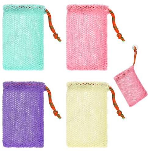 JJUNW Confezione da 4 sacchetti per sapone a rete esfoliante, sacchetti in rete per sapone in schiuma, con coulisse, sacchetti a rete per bagno e doccia (multicolore)