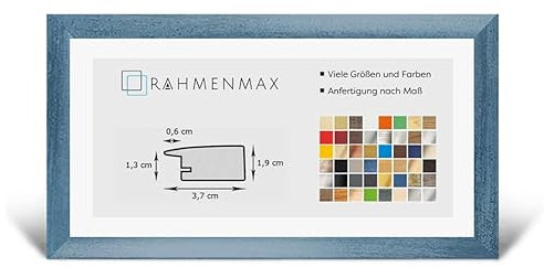 RahmenMax® Toskana Bilderrahmen Bildmaß 38x98 cm zum Aufhängen/Maßanfertigung möglich/MDF Posterrahmen in Hellblau gewischt mit Acrylglas klar/Puzzle Rahmen