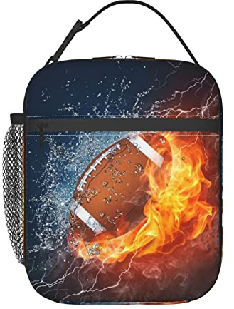 Hulnulnu American Football Ball Fire Insulated Lunch Bag Reusable Insulated Lunch Box Portable Meal Tote Bag for Work School Travel Picnic