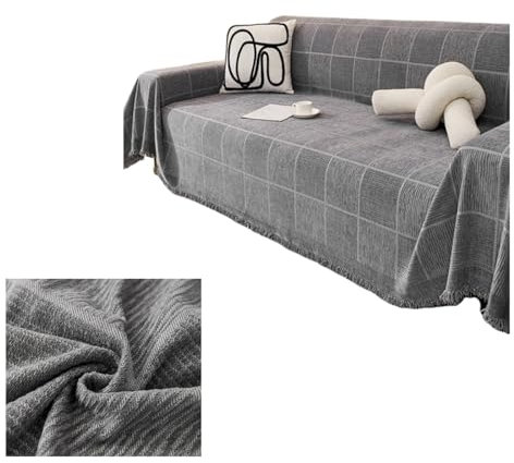 Chenille Sectional Sofa cover Tassel Throw Blanket, Farmhouse rustic vintage Plaid striped Sofa Slipcovers washable Armchair Couch Cover thick durable Furniture Protector for dog(Grey,XXL:71*150in)