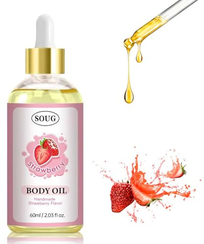 Huile pour le corps à l'huile de noix de coco et à l'huile d'olive, 60 ml, parfum fraise au shortcake, pour une peau douce et souple, soin longue durée, sans résidus gras