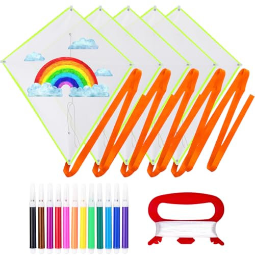 5er-Pack Kinderdrachen, Kinder-DIY-Drachen-Set, Kinder-Lenkdrachen, Drachen-Bastelset mit 50 m Drachenschnur und 12 Aquarellstiften, geeignet für Kinderspiele im Freien, 60 x 70 cm