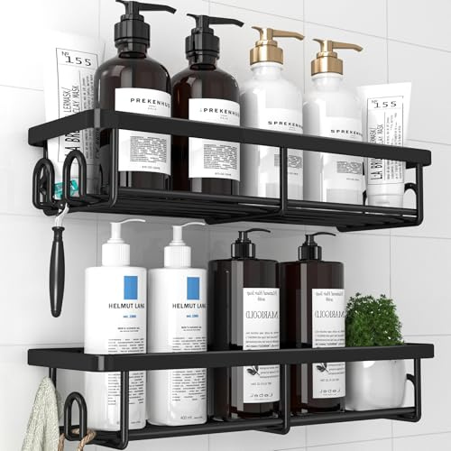 Kitsure Étagère Douche Sans Perçage, Lot de 2, Crochets, Noir | Serviteur de Douche Inox Antirouille, Adhésif, Rangement Salle de Bain, Grande Capacité