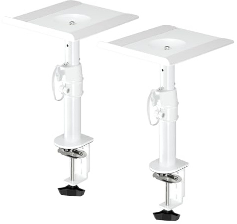 suptek Speaker Stand Desktop Mount Set, 9.6 x 8.8 inch Trays, Height Adjustment and Tilt, Universal Audio Holders for Computer and Bookshelf Speakers, Compatibility with HiFi Speakers, White